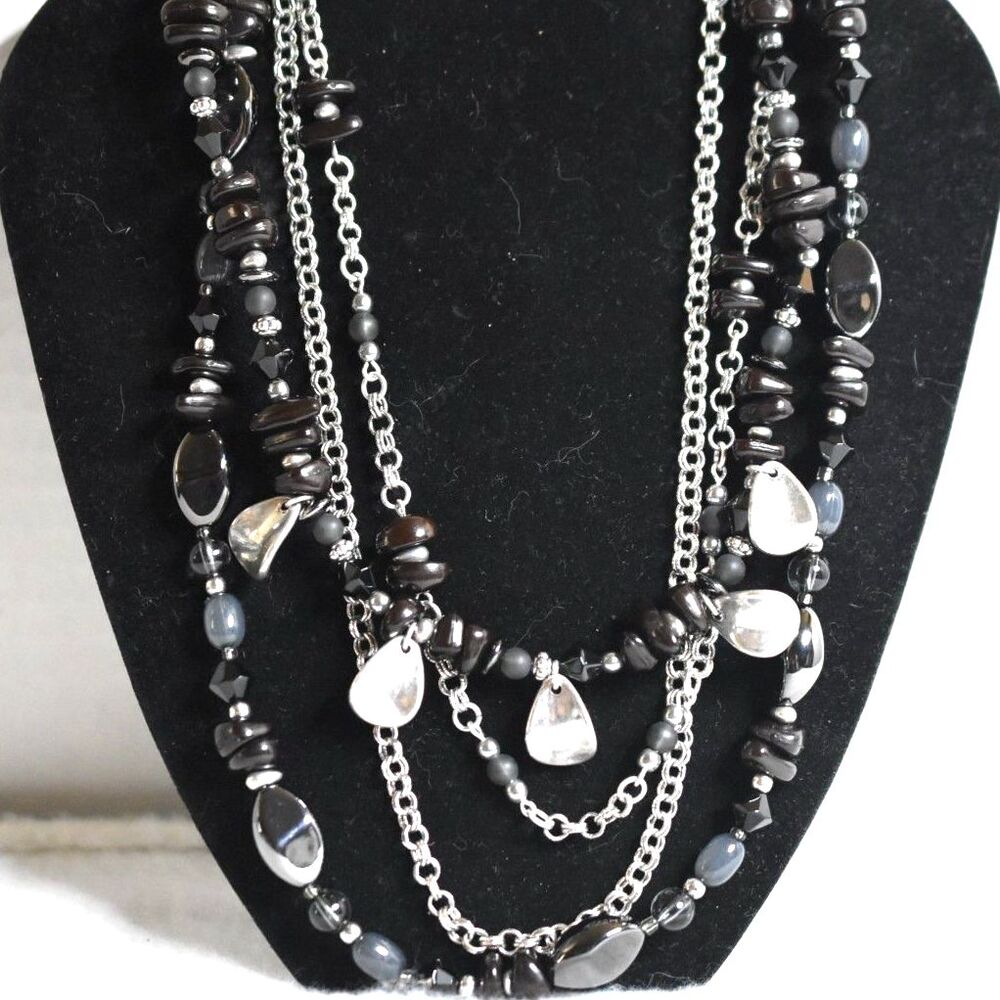 Vintage Premier Design's Multi Strand Black Beads Silver Tone Metal 30" Necklace